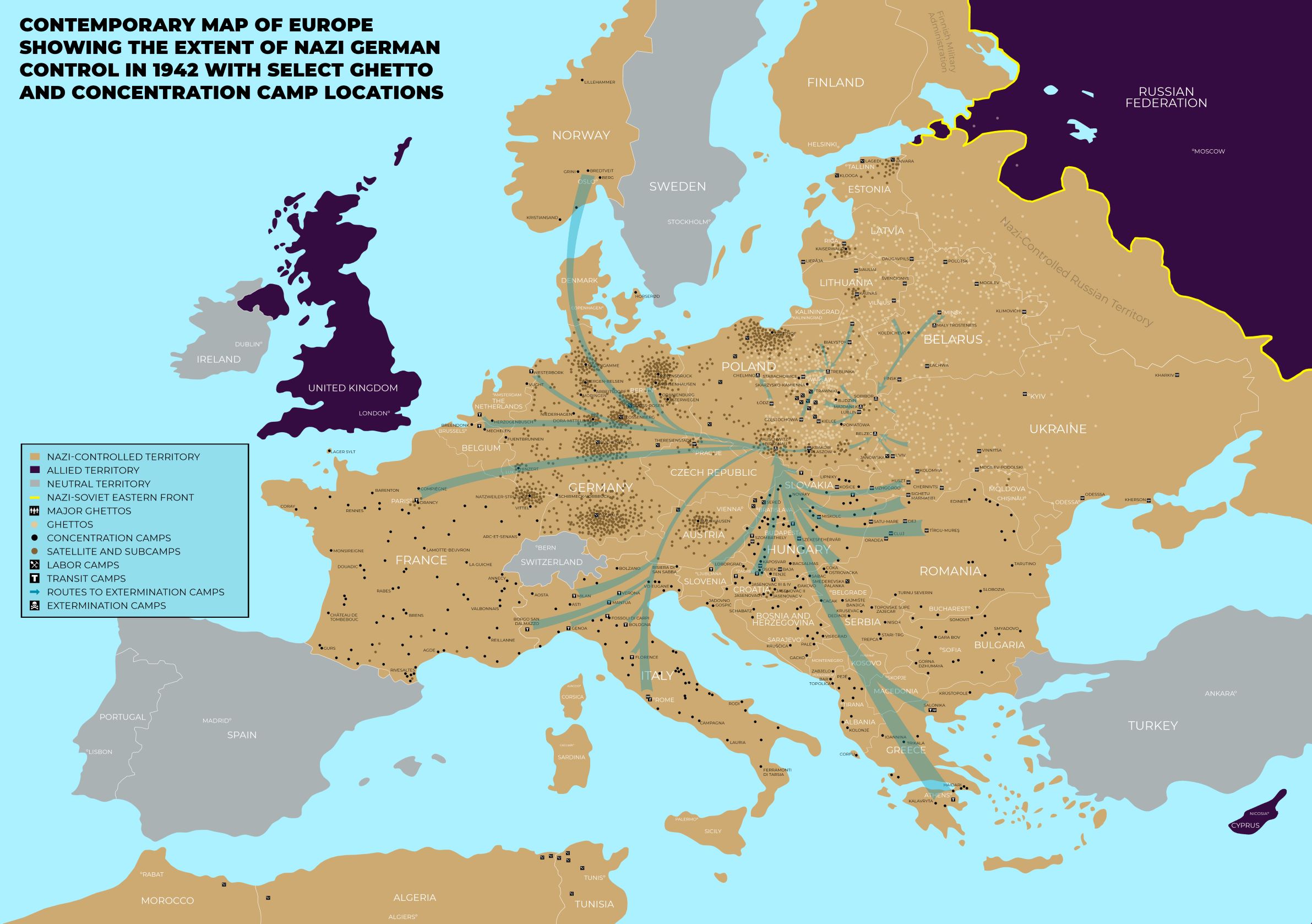 Contemporary Map of Europe Showing the Extent of Nazi German Control in 1942 with Select Ghettos and Concentration Camp Locations