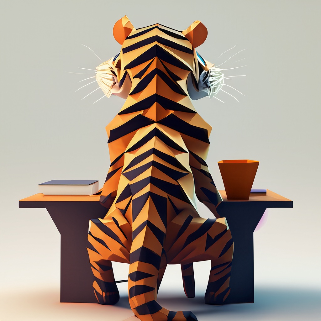 Firefly cute 3d low polygon tiger sitting at a desk, from the back view, white background, anime 634